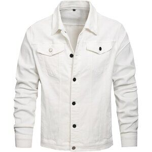 Men's Jean Jacket Distressed Slim Denim Jacket Long Sleeves Button Down White